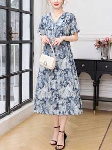 FANMUER New Fashionable All-Over Print Casual Bohemian Pocket Elegant Women Dress - Blue - View 1