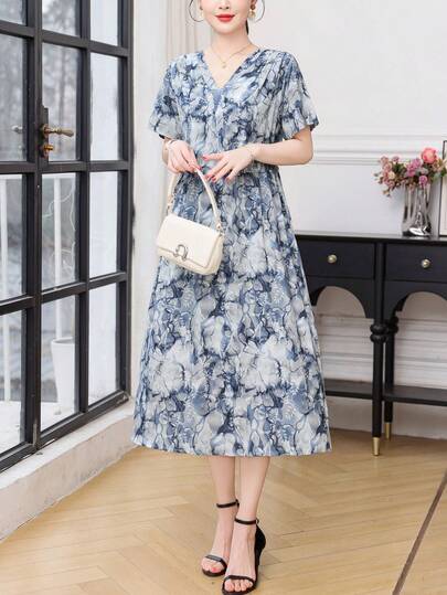 FANMUER New Fashionable All-Over Print Casual Bohemian Pocket Elegant Women Dress