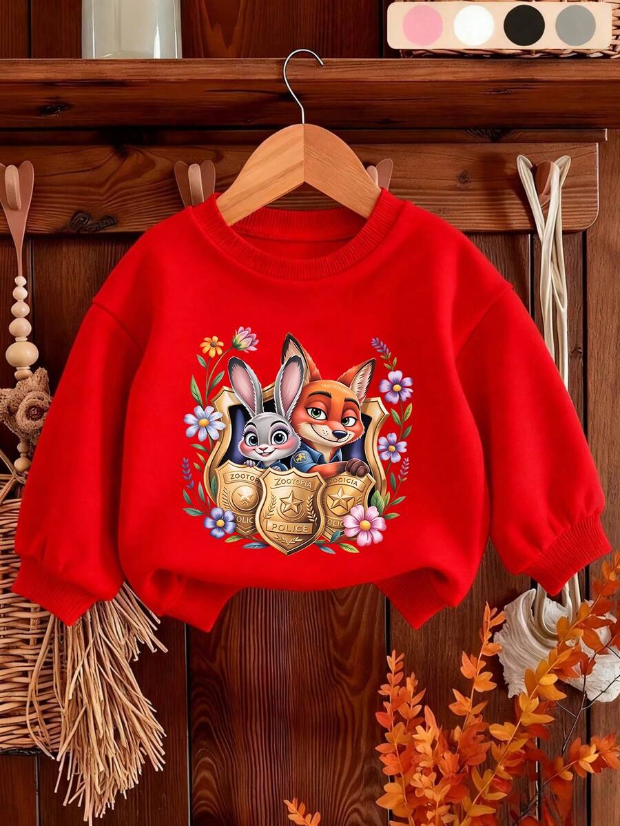 Disney Girls' Hoodie, Zootopia Nick Wilde And Officer Bambi Cartoon Print Design Fall/Winter Children's Crewneck Hoodie Girls' Long-Sleeve Top For Daily Play And Outings Perfect For School Or Shopping Trips - Đỏ - Xem 1