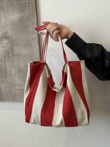 2026 New Retro Style Striped Canvas Bag, Large Capacity, Versatile Use, For Work, School And Outdoor Activities, Can Be Used As A Backpack - Red - View 2