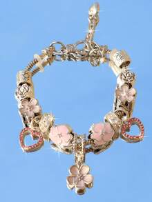 1pc Y2K Pink Cherry Blossom Charm Bracelet, Cute Floral Bracelet, New Year 2025 Party Gift, Friends Memorial Gift - Gold - View 3