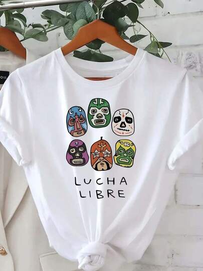 Máscaras de lucha libre mexicana de gran tamaño, camiseta de lucha libre con estampado gráfico, top casual de manga corta con cuello redondo para verano y primavera, ropa de mujer.