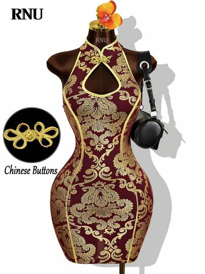 RNU Women's New Sexy Glamorous Gold Totem Print Sleeveless Hollow Out Dress, Hollow Neckline Design With Buttons, Elastic Mesh Fabric, Sexy Waist Design, Mini Dress Style, Chinese Cheongsam Style, Suitable For Nightclub, Bar, New Year Formal Occasion, Party, Birthday, Music Festival, Concert, Valentine's Day Date, Etc.