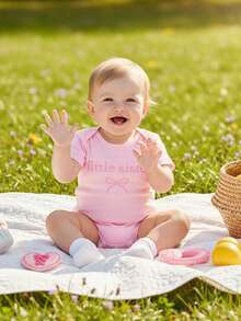 Mono de burbujas para bebé recién nacido, niña, manga corta, lazo bordado para hermana pequeña, camiseta extragrande, camisetas a juego para hermanos, atuendo para revelar el embarazo, ropa de verano - Rosa - Ver 5