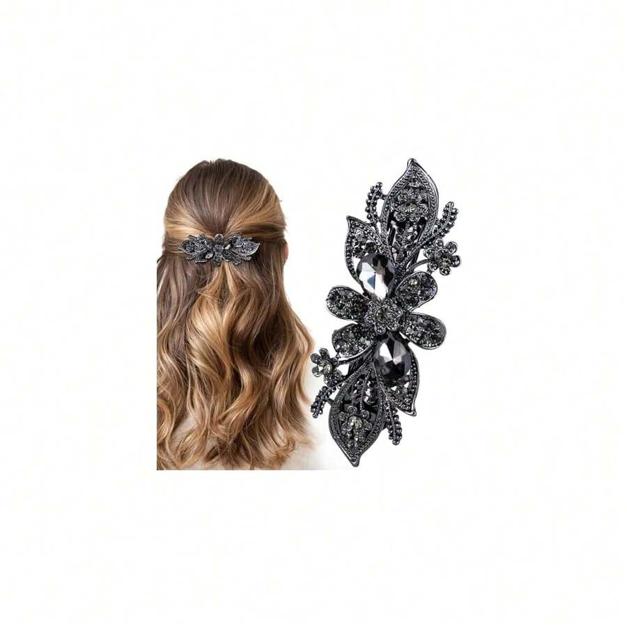 Sparkly Rhinestone Hair Clip, Crystal Flower Prom Barrettes Wedding Engagement Pageant Formal Dressy Decorative Accessories For Bride Women Thick Long Hair - 1PCS - Gray - 查看 1