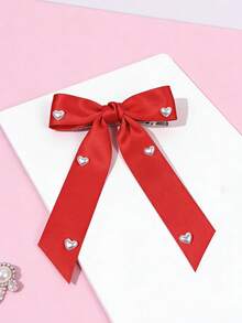 1pc Pearl Heart Bow Ribbon Hair Clip, Girls Luxury Versatile Hair Accessory - Multicolor - View 2