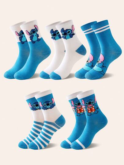 Disney 1/5 Pairs Spring/Summer Unisex Mid-Calf Socks, Cool Classic Retro Striped Blue Stitch Graphic Design, Soft Comfortable Casual Campus Style Sports Socks, Breathable Moisture-Wicking, Suitable For Birthday Party, Outdoor Sports, Campus Events, Back To School, Holiday Gatherings, Random Color & Style