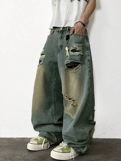 1 pieza Pantalones vaqueros de pierna ancha y ajuste holgado con efecto desgastado, estilo callejero estadounidense Hearty Haven para hombres (sin cinturón ni accesorios)