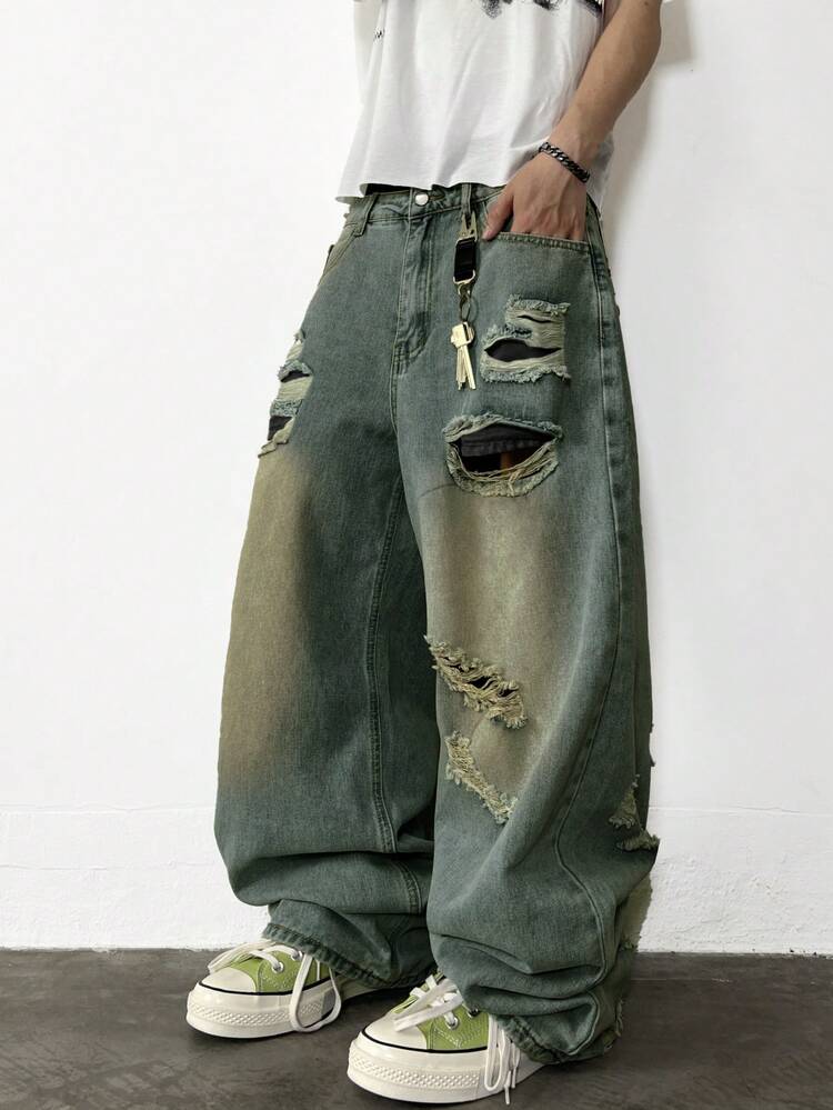 1 chiếc quần jeans nam Hearty Haven kiểu dáng đường phố Mỹ, dáng rộng, ống rộng, chất liệu denim bạc màu (không kèm thắt lưng hoặc phụ kiện) - Đồng - Xem 1