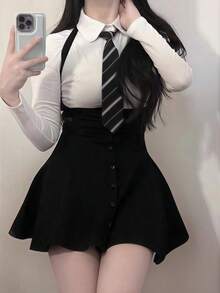 1pc Sweet Academic Style High Waist Single-Breasted Suspender Skirt + Short Sleeve Top Set, Cosplay Outfit, Couple Interaction, Photo Studio Shooting, Suitable For All Holidays, Valentine's Day Gift, Everyday & Holiday Wear Halloween - Multicolor - View 12