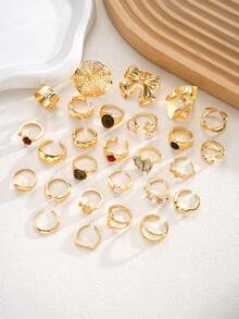 15pcs/Set Vintage Elegant Punk Metal Bow, Geometric, Round, Irregular, Tiger Eye, Heart, Faux Pearl Flower Split Ring Set, Suitable For Women Party, Date, Banquet, Street, Daily Matching, Gift For Friends (Random Style) - 金黃色 - 查看 7