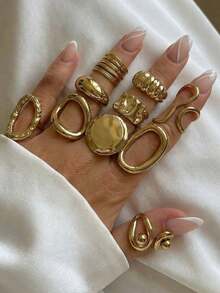 10pcs Geometric Asymmetric Textured Ring Set Suitable For Daily, Party, Date, Adult Gift - Gold - View 4