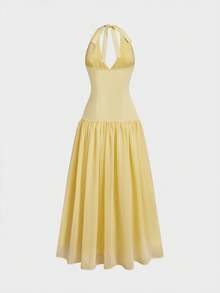 Women's Casual Elegant Deep V-Neck Halter Vacation Beach Party Dress - Yellow - View 10