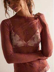 Women's Sheer Lace Mesh Top, Fashionable Slim Fit Long Sleeve Faux Collar Floral Blouse, Casual Outing T-Shirt - 灰粉紅 - 查看 1