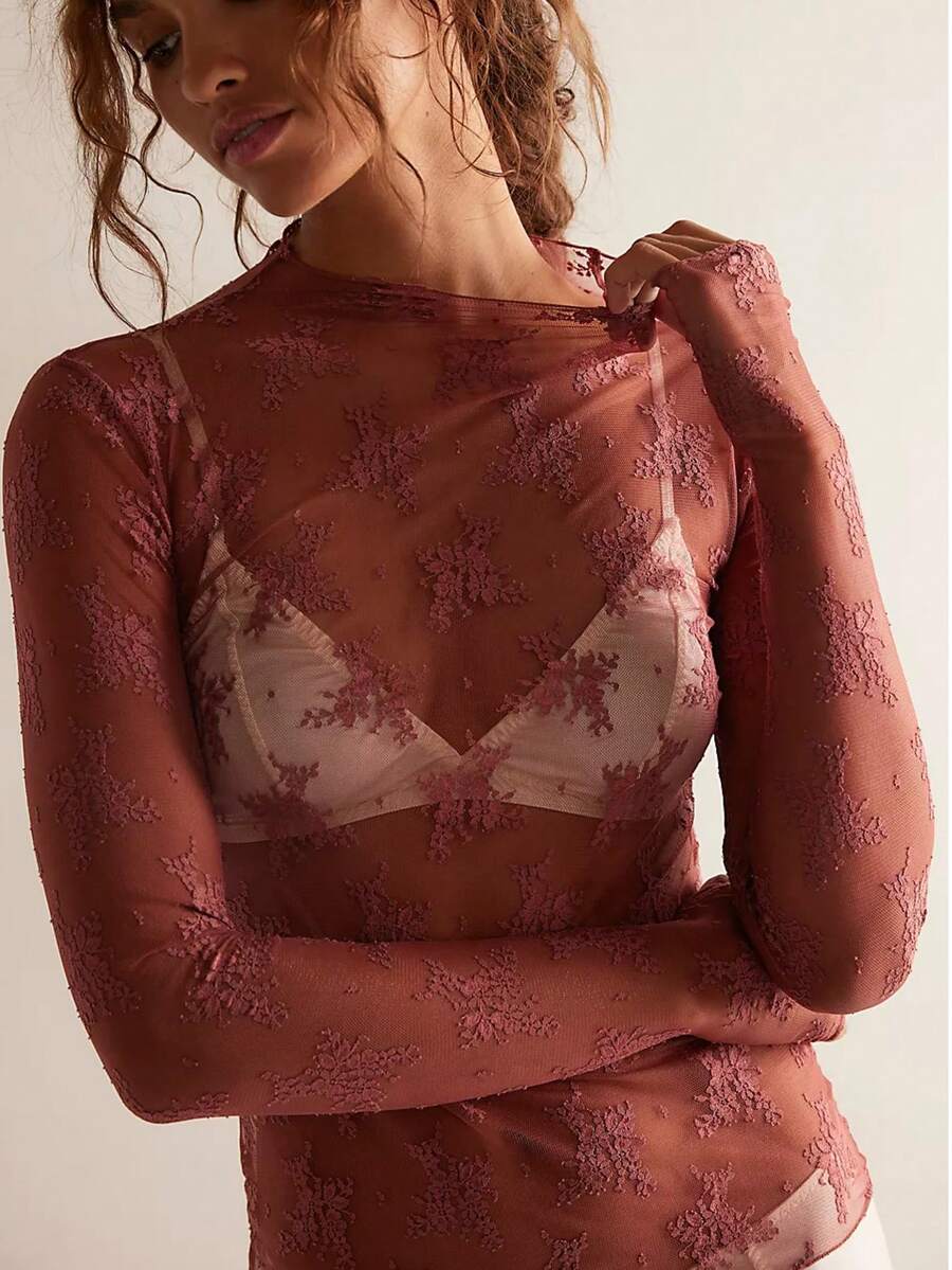 Women's Sheer Lace Mesh Top, Fashionable Slim Fit Long Sleeve Faux Collar Floral Blouse, Casual Outing T-Shirt - 灰粉紅 - 查看 1