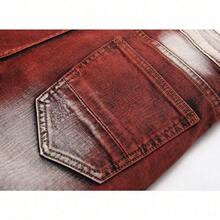 Jeans Elásticos para Hombres Estilo Motociclista - Decoración con Cremallera, Teñido, Slim Fit, Lavado Vintage y Desgastado, Prenda Casual Trendy de Calidad Superior - Burdeos - Ver 7