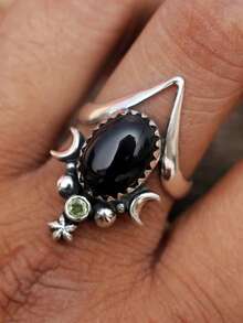 1枚独特的女巫泪滴红宝石不对称锥形宽边复古锡戒指，哥特式金属戒指，适合派对、聚会、郊游和娱乐活动 - 黑色 - 查看 12