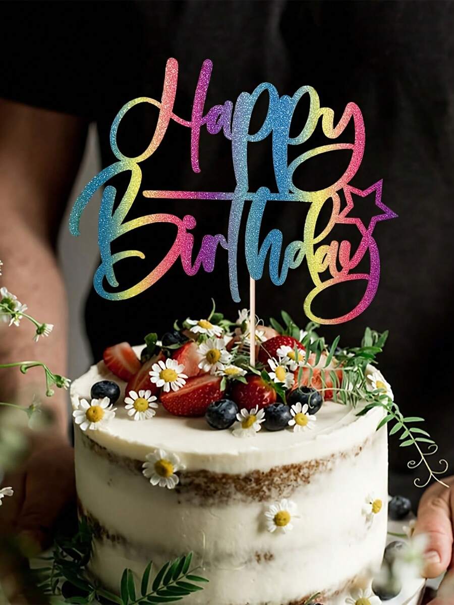 5/10件装生日蛋糕装饰，彩色闪光“生日快乐”蛋糕装饰，闪光效果固定，字体随机。适用于派对装饰，可用于周年纪念/生日、万圣节、圣诞节、新年、情人节和其他派对活动。 - 彩色 - 查看 1