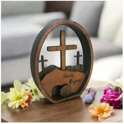 1pc Brown "He Is Risen!" Wooden Decor - Rustic Carved Oval Cross Figurine, Religious Easter Theme Desktop Ornament, Suitable For Easter Celebrations And Home Faith Decor