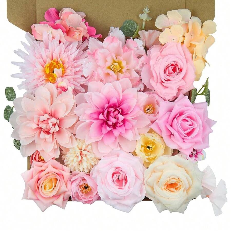 [Free Shipping]Artificial Flowers For Home Decorations: Pink Silk Fake Flowers Bulk Boxed Set, Peony Roses Bouquets With Stems For Table Centerpiece, DIY Wedding, Bridal Shower, Graduation Cap & Tea Party - B-粉紅色 - 查看 1