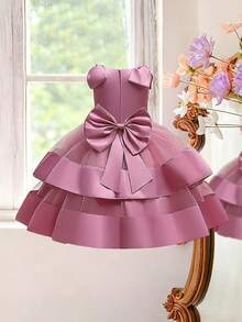 Young Girls' Sleeveless Mesh & Satin Bow Back Elegant Fancy Party Dress, Suitable For Flower Girl, Wedding, Banquet, Does Not Include Headband - 藕粉色 - 查看 2