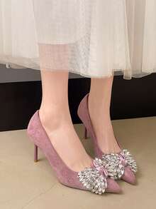 尖头绒面革奢华蝴蝶水钻低帮细高跟鞋，适合青少年和成人穿着 - 粉色 - 查看 1