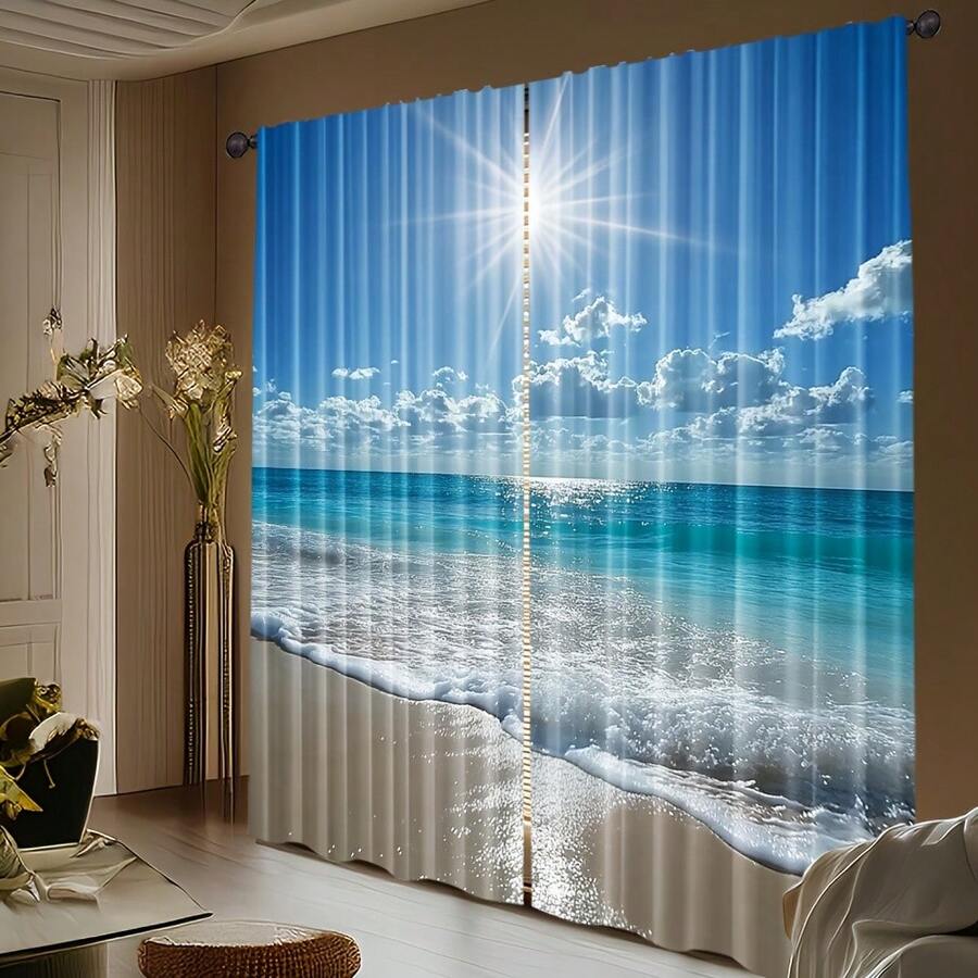 2 Pieces Tropical Beach Curtain Panels - Coastal Waves And Turquoise Ocean Design Curtains, No Rod Required, Easy To Hang Pocket Top, Suitable For Living Room, Bedroom, Bathroom, Terrace - Durable Polyester Fiber Decorative Curtains, Home Decor, Tranquil Aesthetics, Textured Effect, Holiday Villa Style - 彩色 - 查看 1