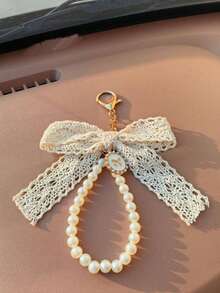 Faux Pearl Bow Mobile Phone Lanyard Keychain Versatile Bag Charm - Beige - View 2