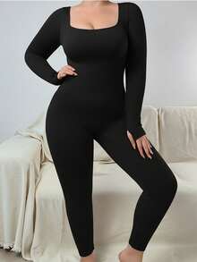 女士无缝加大码长袖塑身衣，瑜伽日常两用，简约舒适透气收腹提臀连体衣，高腰紧身设计 - 黑色 - 查看 3