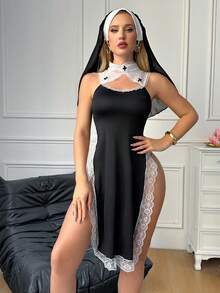 Set de 3 piezas de lencería sexy de monja con diseño calado para mujer, disfraz de tentación e intimidad, para rave - Negro - Ver 2