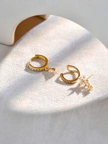 3pcs/Set Fashionable & Elegant Micro-Inlaid Zirconia Flower & Teardrop Earrings Set, Suitable For Girl's Vacation & Casual Wear - Gold - View 5