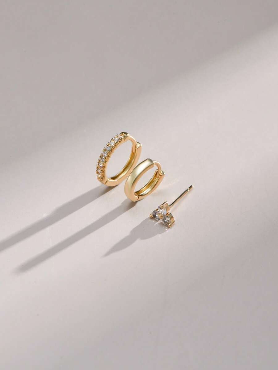 3pcs/Set Elegant Petite Luxury Women Earrings Set, Inlaid Cubic Zirconia, Stackable, Suitable For Gifts