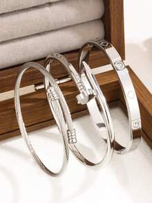 New Fashion High Quality Stainless Steel Flower Zirconia Women's Bangle Bracelet Jewelry Set, Suitable For Daily Wear - Silver - View 5