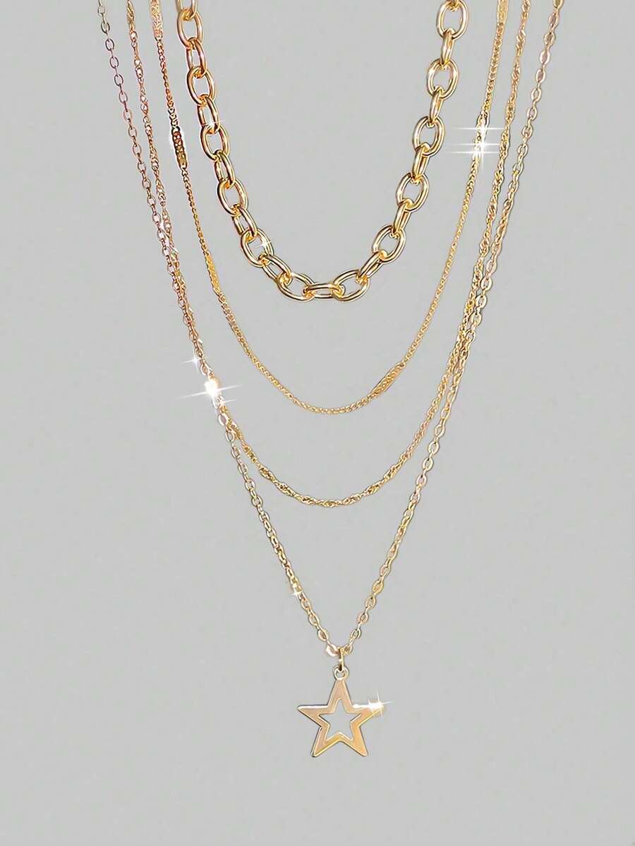 4件套 时尚金色复古简约星星吊坠项链首饰套装 - 金色 - 查看 1