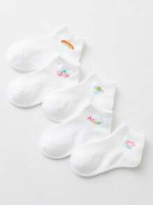 10 Pairs Spring/Summer Kids/Children White Short Socks, Cute Cartoon Designs Of Rainbow, Cherry, Letter, Flower, Umbrella, Simple Fresh Casual Breathable Comfortable Versatile Mesh Socks, Classic Soft Skin-Friendly Sweat-Absorbent Sports Socks, Suitable For Casual, Sports, Outdoor, School Outfits - White - View 4
