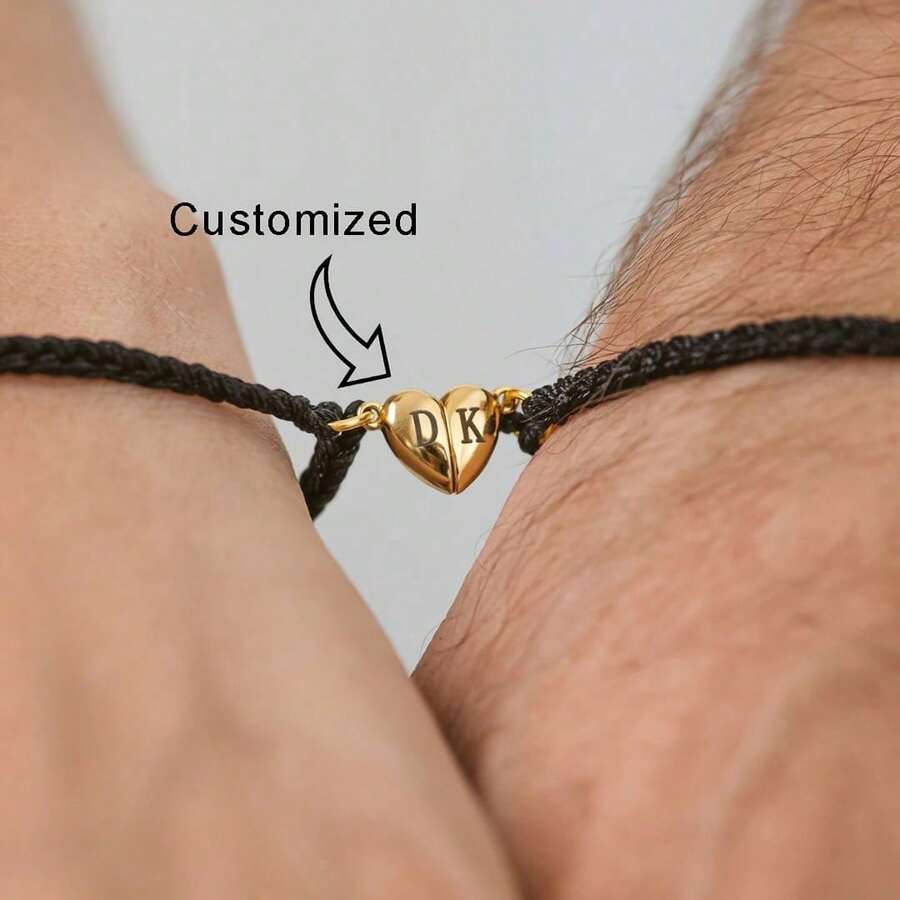 2pcs Personalized Name Couple Bracelet,Custom Heart Name Letter Bracelet,Adjustable Size Black And White,Personalized Gift For Girlfriend, Anniversary - Multicolor - View 1