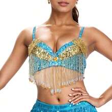 女士亮面肚皮舞文胸上衣，流苏文胸上衣，适合万圣节主题派对舞台表演 - 彩色 - 查看 1
