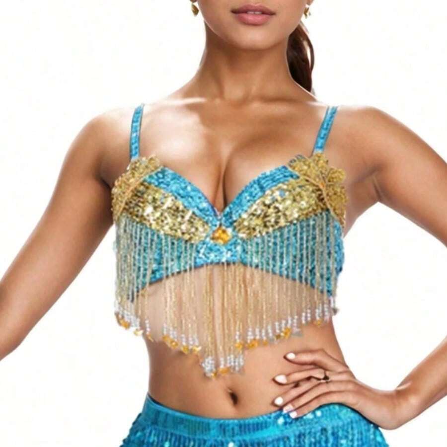 女士亮面肚皮舞文胸上衣，流苏文胸上衣，适合万圣节主题派对舞台表演 - 彩色 - 查看 1