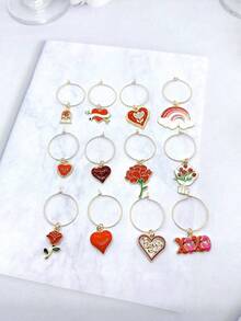 12个情人节葡萄酒杯标签，粉色葡萄酒杯吊坠，葡萄酒杯吊坠，葡萄酒标签，情人节心形饮品吊坠，钻石戒指玻璃标签，鸡尾酒香槟婚礼派对装饰标签 - 彩色 - 查看 6