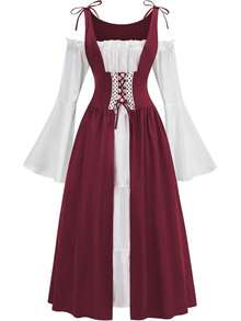 文艺复兴时期中世纪女式吊带露肩喇叭袖连衣裙，适合角色扮演活动和主题派对，面料略有弹性。