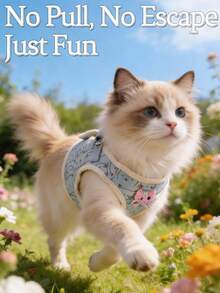 1套/2件装（胸背带+牵引绳）可爱柔软宠物狗/猫胸背带套装，粉彩色/猫咪印花设计，宠物狗/猫遛狗必备品 - 彩色 - 查看 4