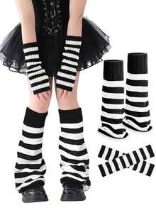 Bộ 2 món gồm tất giữ ấm chân và tay kẻ sọc họa tiết ngôi sao phong cách Y2K dành cho nữ: 1 đôi tất giữ ấm chân + 1 đôi tất giữ ấm tay, thích hợp cho lễ hội Carnival, cosplay anime, phụ kiện khiêu vũ co giãn, ống tay và chân dệt kim. - sọc - Xem 7