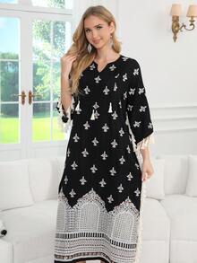 2026新款斋月传统优雅刺绣金珠V领流苏袖长袍 - 黑色 - 查看 3