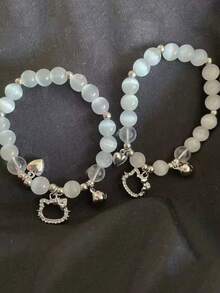 1pc Sanrio Licensed Hello Kitty Y2K Style Beaded Stretch Bracelet, Heart Charm, Cute Cartoon Bracelet, Birthday Celebration Accessory, Party Gift - Multicolor - View 7