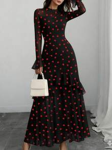 Vuslat 女士黑色红色爱心印花网纱长款连衣裙，立领长袖，层叠荷叶边下摆，优雅百搭，适合情人节派对、鸡尾酒会、街头漫步、约会等场合。 - 紅色 - 查看 5