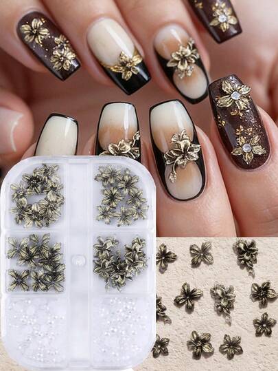 3D Flatback Retro Black Gold Hibiscus Flowers Nail Art Accessories With Various Shapes Floral White Pearls Jewelry Gems Diy Craft Decoration,Retro-Style Nail Gems Nail Salon Supplies