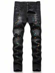 Elástico hombre jeans negros ajustados agujeros imitando viejos pantalones vaqueros, pantalones casuales, ropa de calle de moda, ropa de moda cómoda, moda nueva llegada - Negro - Ver 1