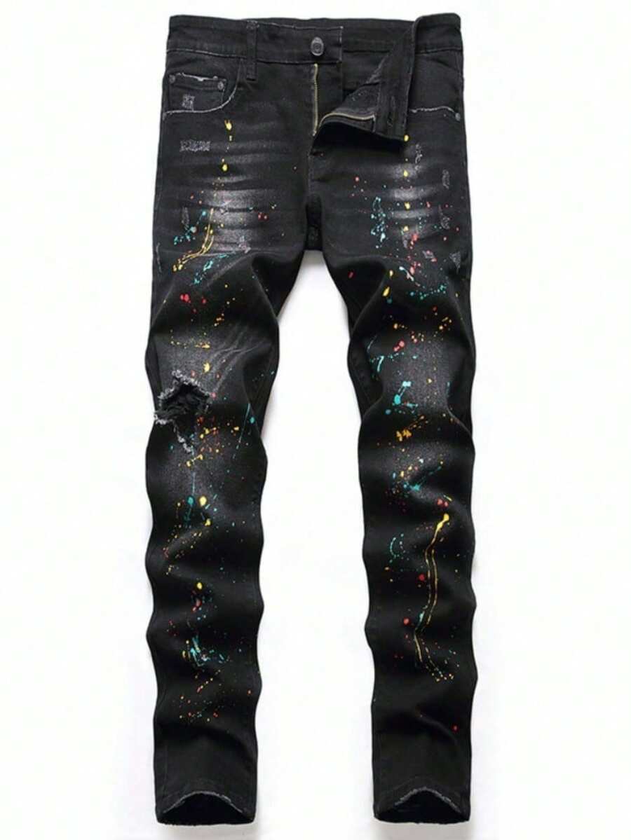 Elástico hombre jeans negros ajustados agujeros imitando viejos pantalones vaqueros, pantalones casuales, ropa de calle de moda, ropa de moda cómoda, moda nueva llegada - Negro - Ver 1