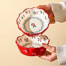 2pcs 6-Inch Rose Ceramic Salad Bowls, Asymmetrical Breakfast Cherry Small Bowls, Cute Fruit Mixing Bowls, Rice Bowls, Home Dessert Bowls, Household Ceramic Round Vegetable Bowls, Simple Tableware Set, Dessert Bowls, Kitchen & Dining Ceramic Soup Bowls, Suitable For Home Kitchen, Dining Room Gathering, Kitchen Supplies, Tableware Accessories, Couple Salad Bowls, Microwave - Multicolor - View 14