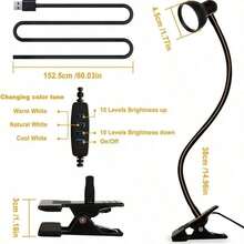 LED阅读灯，3种颜色模式和10级亮度调节，灵活的鹅颈灯臂，夹式设计，适用于床头、书桌或办公室。 - Semicircle - 查看 7